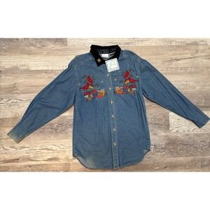 Vtg Bobbie Brooks Embroidered Denim Blue Jean Shirt Christmas Cardinal's Sz S